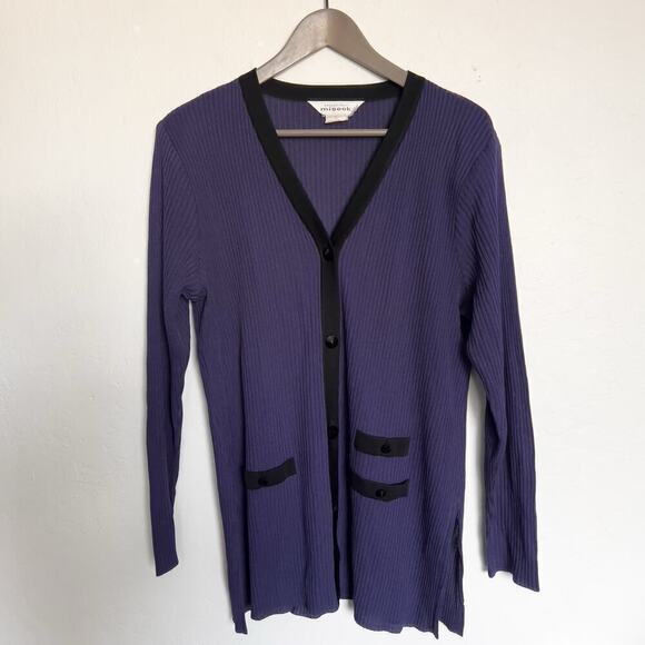 Misook Cardigan Sweater Large Buttons Ribbed Purple Black Long Sleeve Classic - Picture 1 of 4